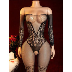 Big Bare Shoulders Crotchless Full Body Socks Desire Night Bold Exquisite Underwear Lingerie Long Sleeve Bodysuit