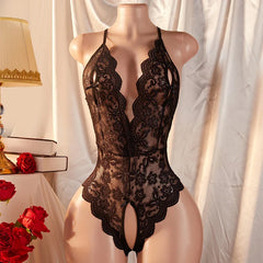 One-piece Crotchless Bodysuit Deep V Open Bra Lingerie