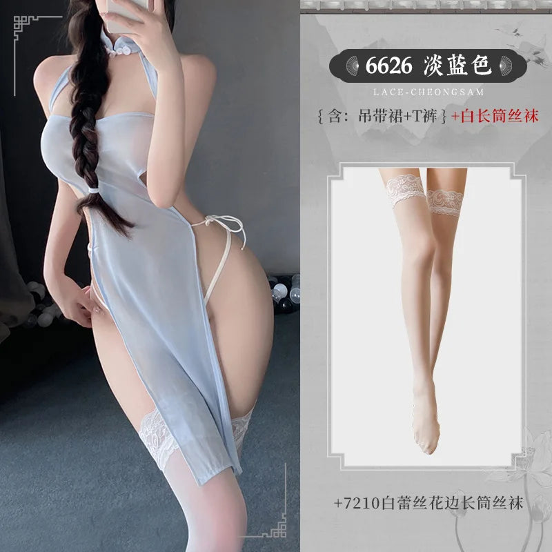 High Slit Cheongsam Ice Silk Traditional Improve Hollow Out Pajamas Exotic Charm