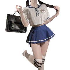 Sweet Student Roleplay Costumes Navy Lapel Top Pleated Skirt Set