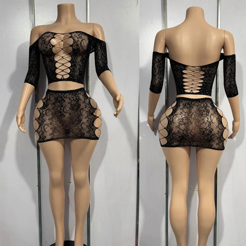 Hot Short Bodycon Lingerie Erotic Fishnet Hollow Out Sheer Underwear Costume Trendy Set