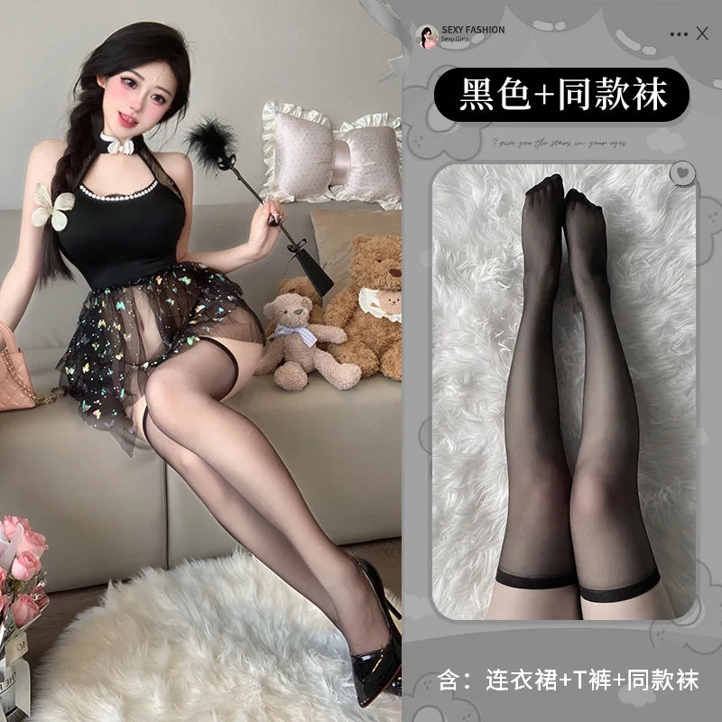 Princess Cosplay Lingerie Bowtie Back Dance Stage Costumes Chiffon Pajamas Temptation Party Porn
