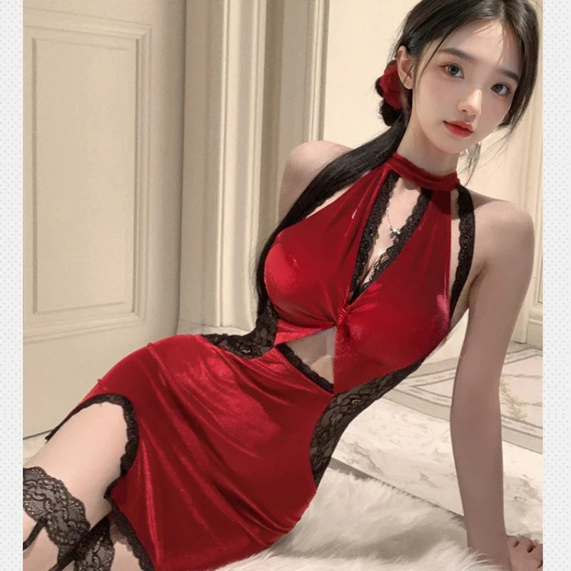 Lingerie Pure Desire Cheongsam Lace Seduction Nightclub Traditional Pajamas Set