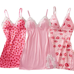 Suspender Sleeping Printed Patchwork Lace Slit NightSet Babydoll Erotic Underwear Festival Gift
