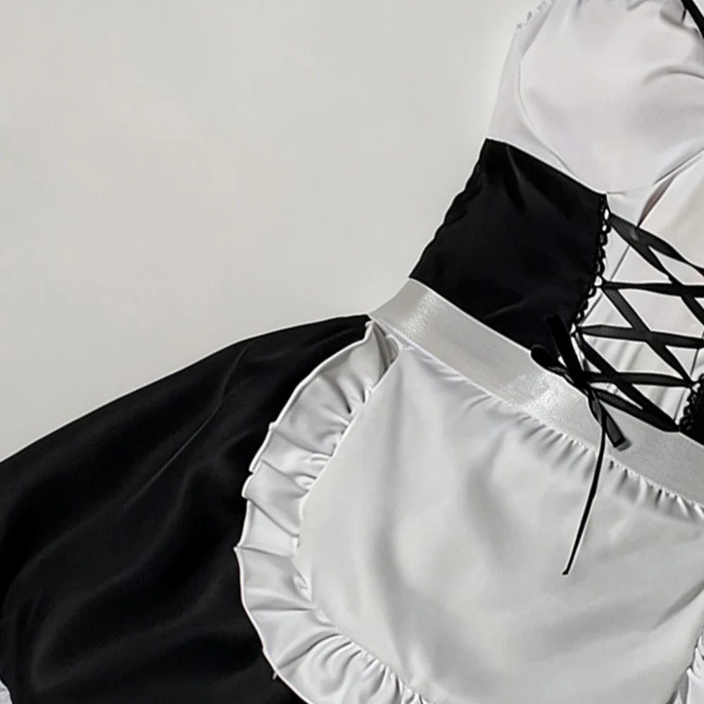 Maid Costume Outfit Black White Ruffle Sleeveless Suspender Apron