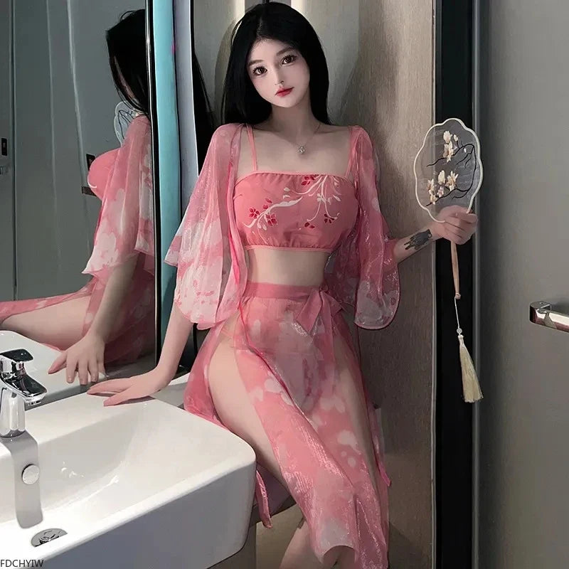 Ancient Hanfu Nightgown Role Play Porno See-Through Mesh Sleepwear Retro Traditional Bellyband Exotic Charm Costume