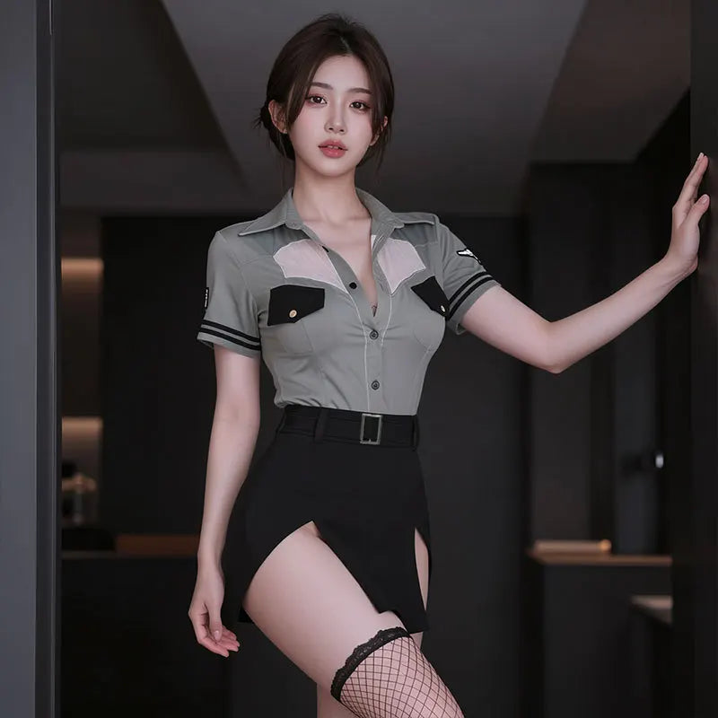 Lingerie Exotic Sets Instructor Cosplay Costume V-neck Blouse Top Short Skirt PoliceOfficer Roleplay