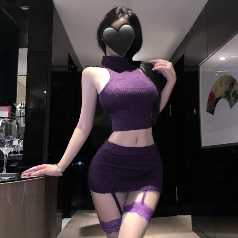 Lingerie Hollow Out Sweater High Neck Top Wrap Hip Miniskirt Bare Waist Set