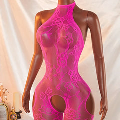 One-piece Rose Bow Hollow Out Crotchless Lace Bodysuit Semi Transparent Lingerie Plus Size Bodystocking Clothing