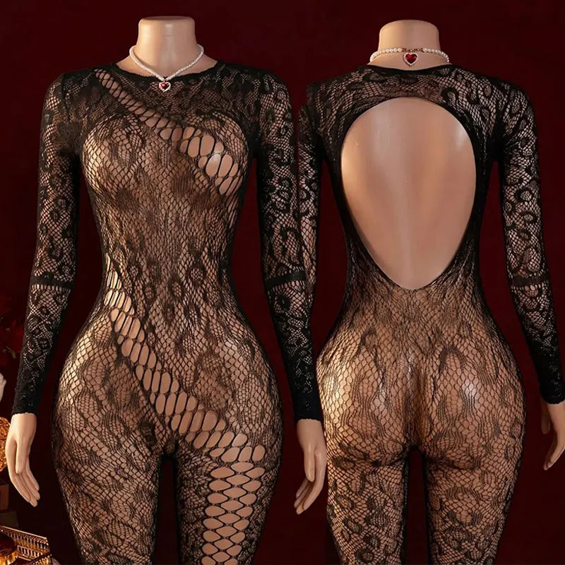Big Bare Shoulders Crotchless Full Body Socks Desire Night Bold Exquisite Underwear Lingerie Long Sleeve Bodysuit