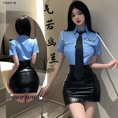 PoliceCosplay Instructor Top Leather Skirt Temptation Passion Stewardess Costumes Roleplay Nightclub Lingerie