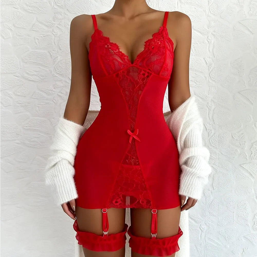 Floral Lace Split Babydoll Semi-sheer Deep V Bow Ruffle