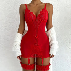 Floral Lace Split Babydoll Semi-sheer Deep V Bow Ruffle