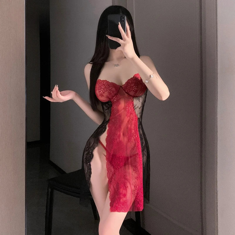 Lace Slit Suspender Nightgown Adult Flirtatious Perspective NightLingerie Hot Sensual Porn Couples Set