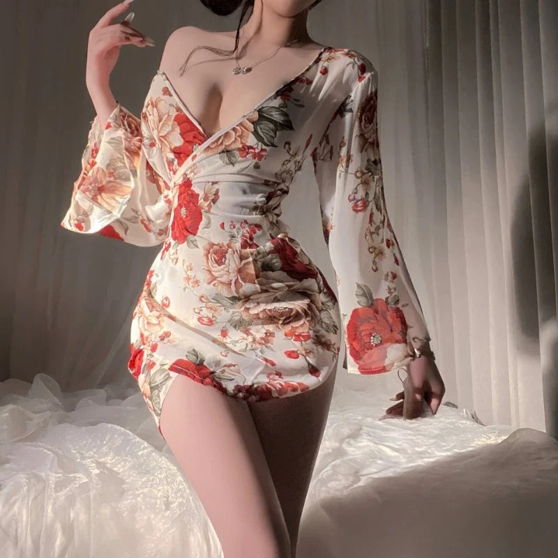 Pure Desire Printed Kimono Cosplay Sleeping Chiffon Perspective V-neck Bathrobe Long Sleeves Porno Pajamas
