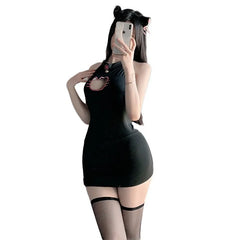 Cute Cat Erotic Night Backless Nightwear Female Hollow Out Pajamas Couple Game Temptation