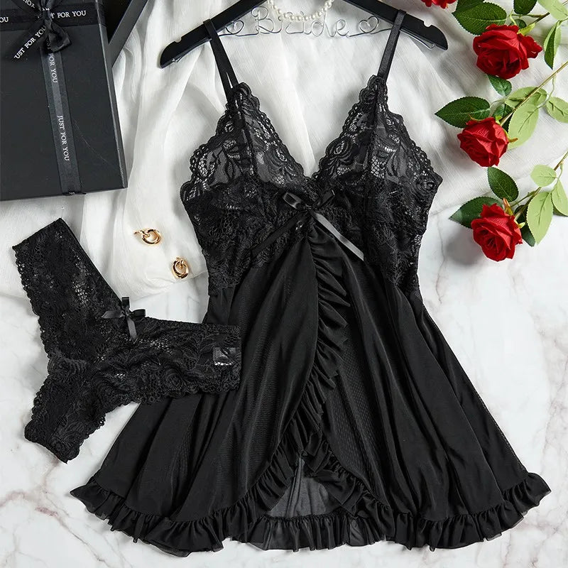 Transparent Camisole Sheer Black Deep V Lace Corset Underpants Suit Lingerie