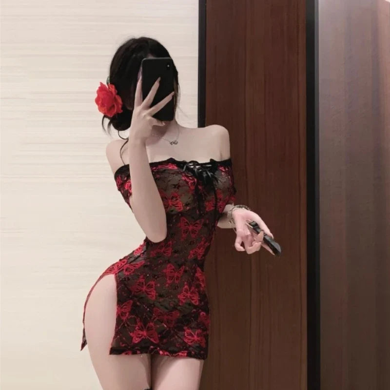 Temptation Butterfly Pure Desire One Shoulder Flirtingual Fun Underwear Sleepwear Erotic Side Slit Skirt