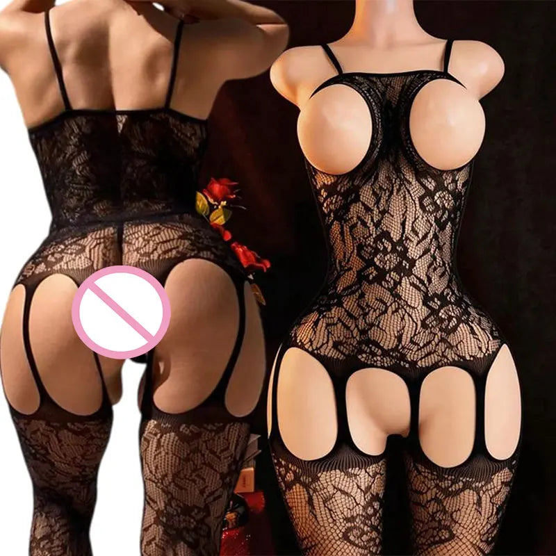 Porn Crotchless Lingerie Hot Tights Fishnet Bra Bodysuit Set