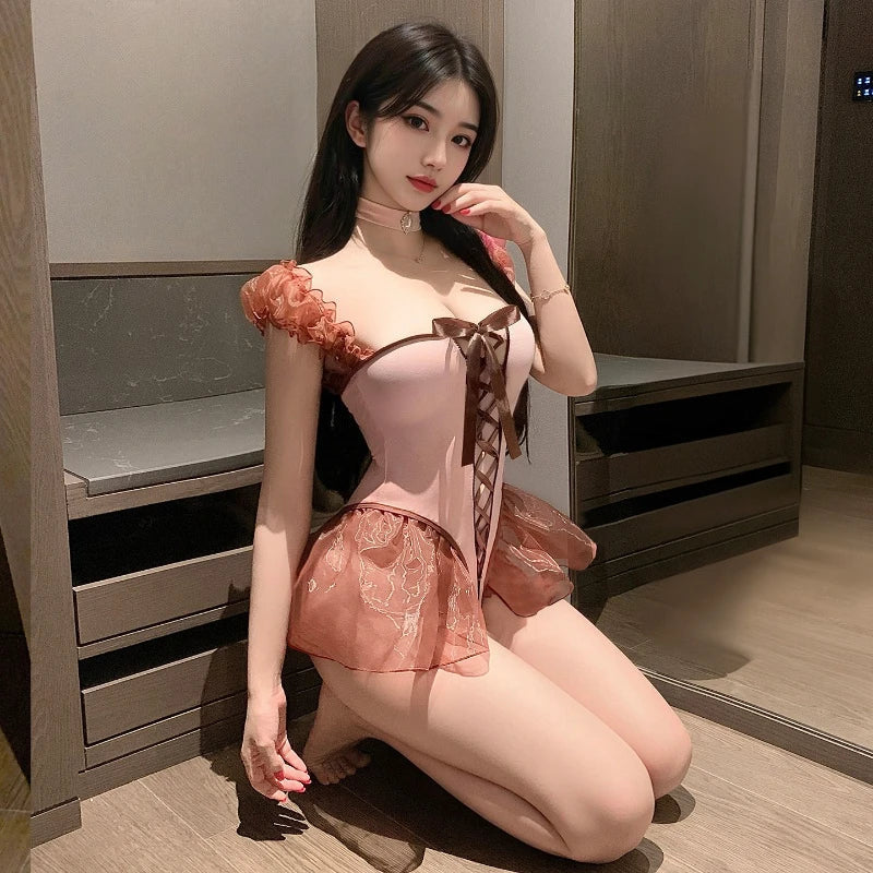 Erotic Cosplay Open Crotch Bodysuit Perspective Lingerie Onesie Teddy Roleplay Lolita Maid Temptation Jumpsuit