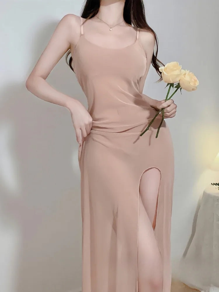 Tube Chemise Long Silk Lace Slip Tie Back Casual
