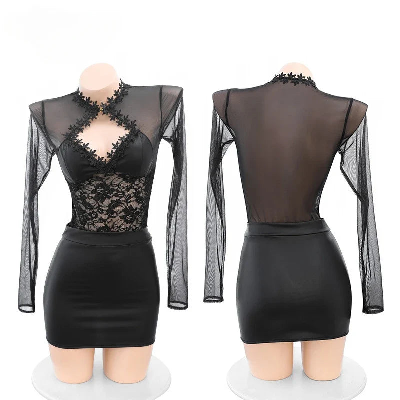 Hollow Out Long Sleeve Slim Solid Color Mini Cosplay Secretary Costumes Wrap Hip Skirt