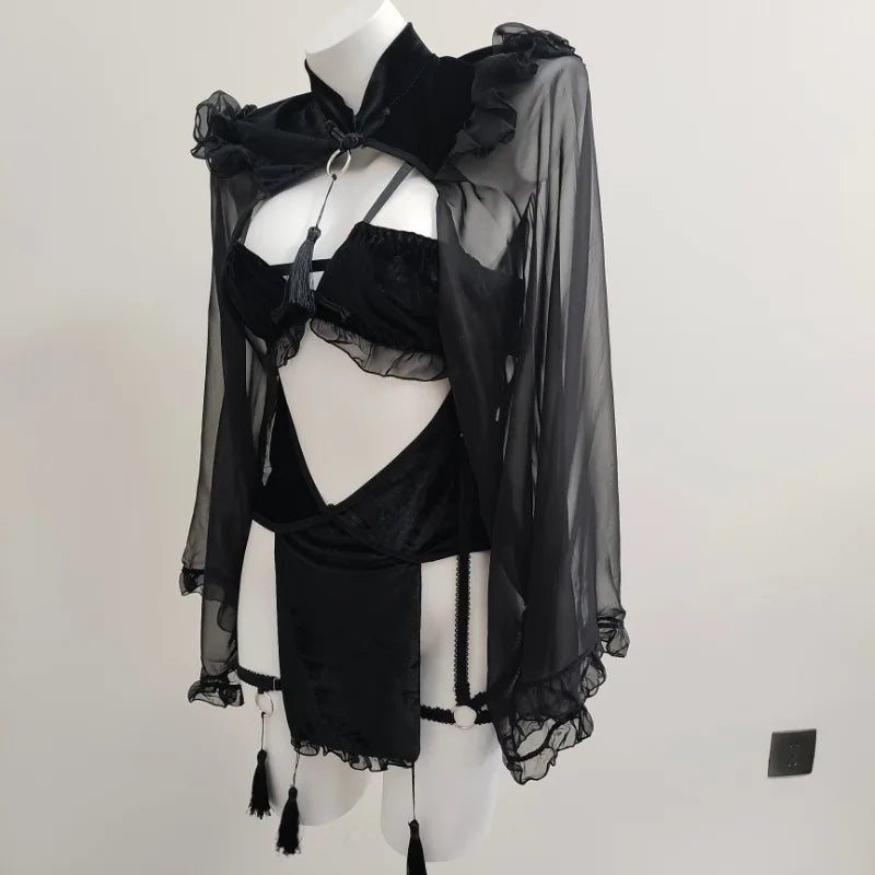 Halloween Velvet Cheongsam Hollow Backless Lolita Evil Demon Cosplay Costumes Erotic Maid Lingerie