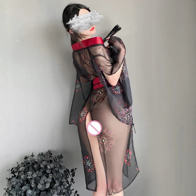 Phantom Printed Kimono Cross-collar Design Deep V Cleavage Black Sleepwear Nightgowns Sleepwear