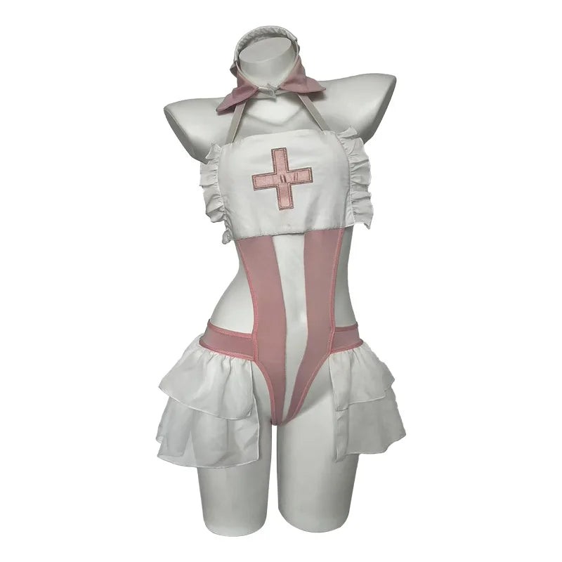 Pure Desire Nurse Cosplay Sweet Bodysuit Cute Ruffles Onesie Role-playing Jumpsuit Sleepwear Home Outfit
