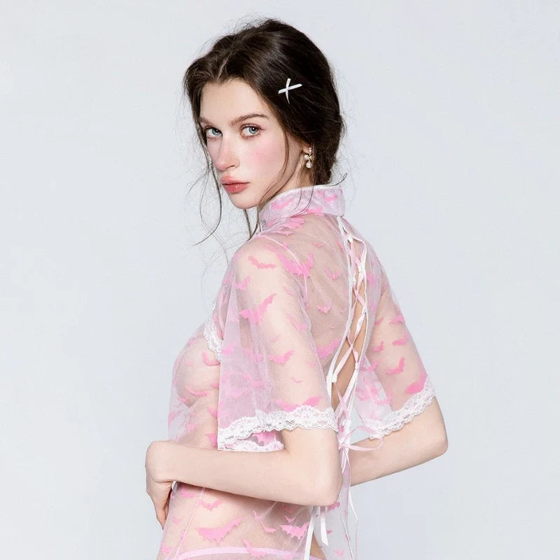 Perspective Mesh Stand Collar Cheongsam Sweet Seductive Transparent Style Erotic Home Pajamas