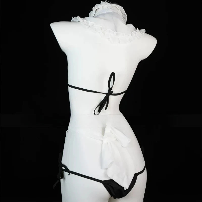 Erotic Three Point Lingerie Maid Cosplay Costumes Ruffles Mesh Waitress Cosplay Porno Adult Nightgowns