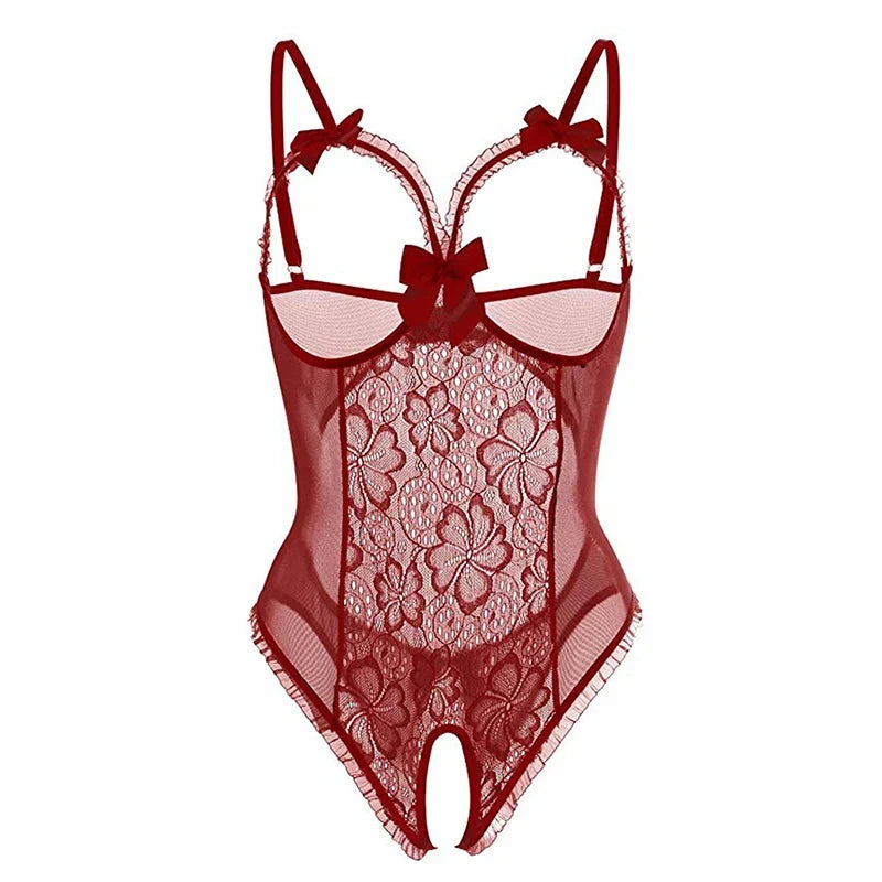 Teddy Doll Transparent Crotchless Porn Open Bra Lingerie Erotic Backless Lace Bodysuit Underwear Costumes