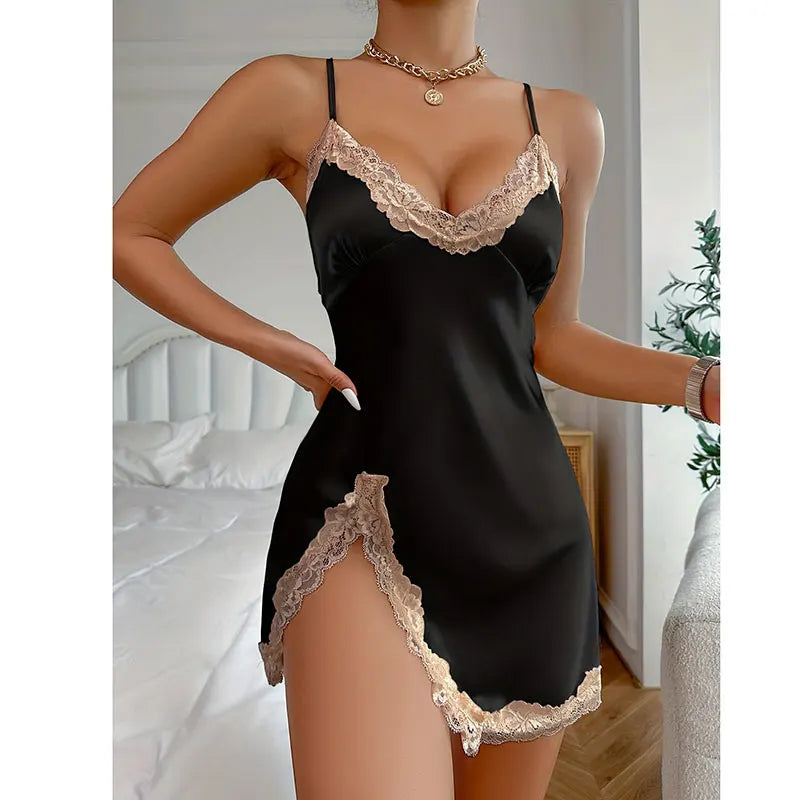 Nightgown Sleeveless Cross Back Sleepwear Silk Satin Lace Solid Color Deep V Neck Side Split Pajama Home Dress