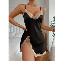 Nightgown Sleeveless Cross Back Sleepwear Silk Satin Lace Solid Color Deep V Neck Side Split Pajama Home Dress
