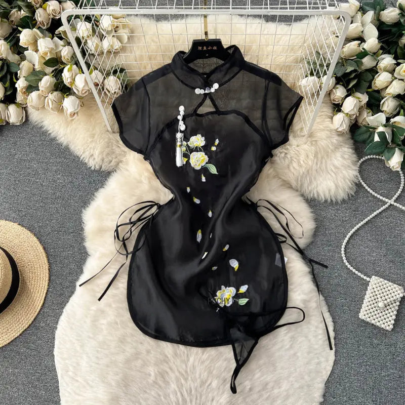Hot Cheongsam Lingerie Retro Embroidery Improve Mesh Perspective Miniskirt