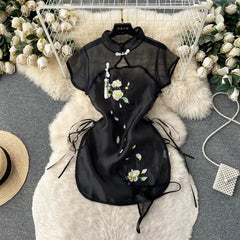 Hot Cheongsam Lingerie Retro Embroidery Improve Mesh Perspective Miniskirt