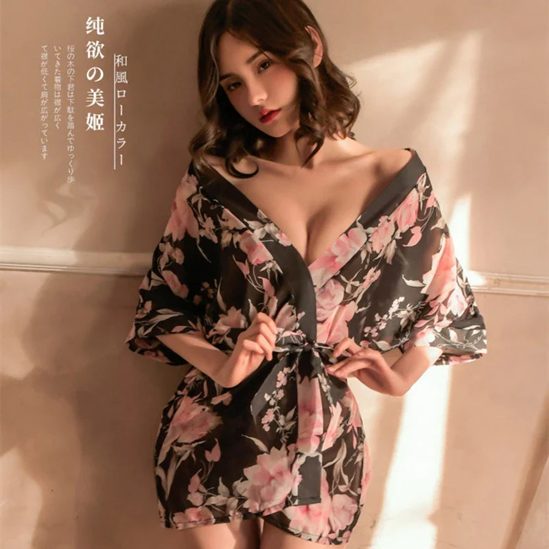 Floral Kimono Lingerie Seductive Bathrobe Passion NightSuit Charm Costumes Role Play Belt Robe