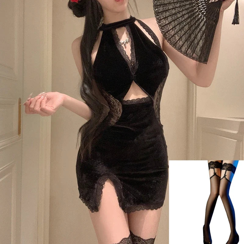 Lingerie Pure Desire Cheongsam Lace Seduction Nightclub Traditional Pajamas Set