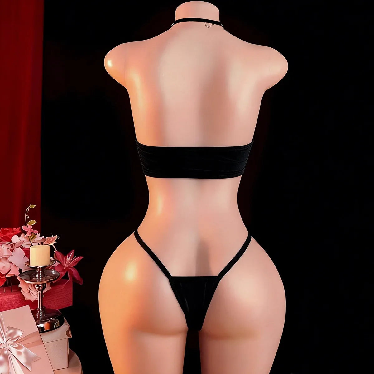 Open Bra Lingerie Costumes Deep V Hollow Bodysuit Hanging Neck Maid Cosplay Crotchless Underwear