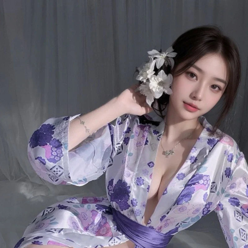 Kimono Cosplay Outfit Traditional Style Robe Yukata Sakura Costumes Pajamas Bathrobe Belt Lingerie Nightgown