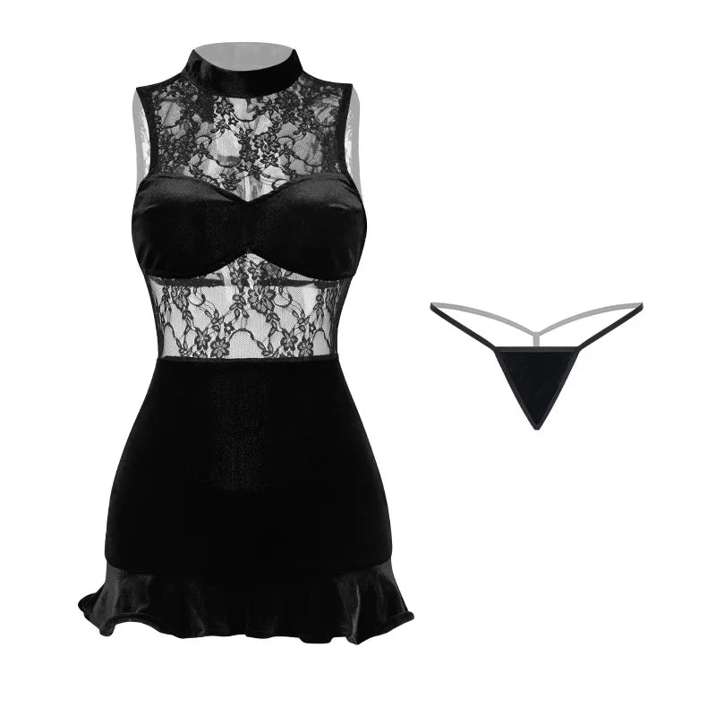 Transparent Cheongsam Backless Hollow Out Lace Short Skirt Retro Improve Exotic Charm Costume