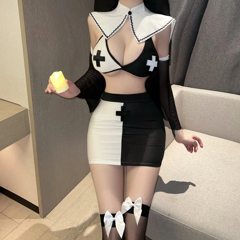 Nuns Cosplay Costumes Lingerie Hollow Slim Outfit Club Adult Halloween Roleplay Set