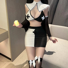 Nuns Cosplay Costumes Lingerie Hollow Slim Outfit Club Adult Halloween Roleplay Set