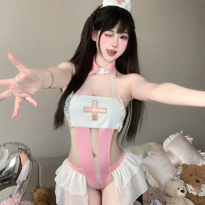 Pure Desire Nurse Cosplay Sweet Bodysuit Cute Ruffles Onesie Role-playing Jumpsuit Sleepwear Home Outfit
