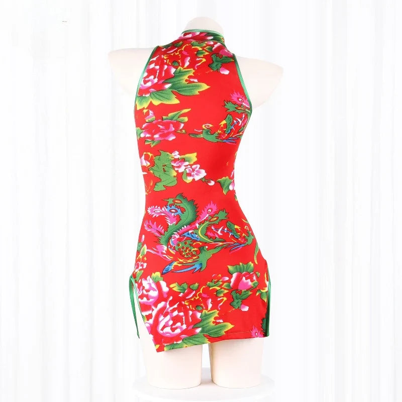 Traditional Cheongsam Ancient Floral Pajamas Slim Fit Retro Short Skirt Adult Sleeping Skirt