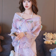 Kimono Bathrobe Gown Print Flower Mini Yukata Nightgown Intimate Lingerie Chiffon Yukata Temptation Womens