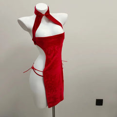 Soft Velvet Cheongsam Halter lingerie Babydoll Retro Style V-neck Hollow Erotic Nightgowns