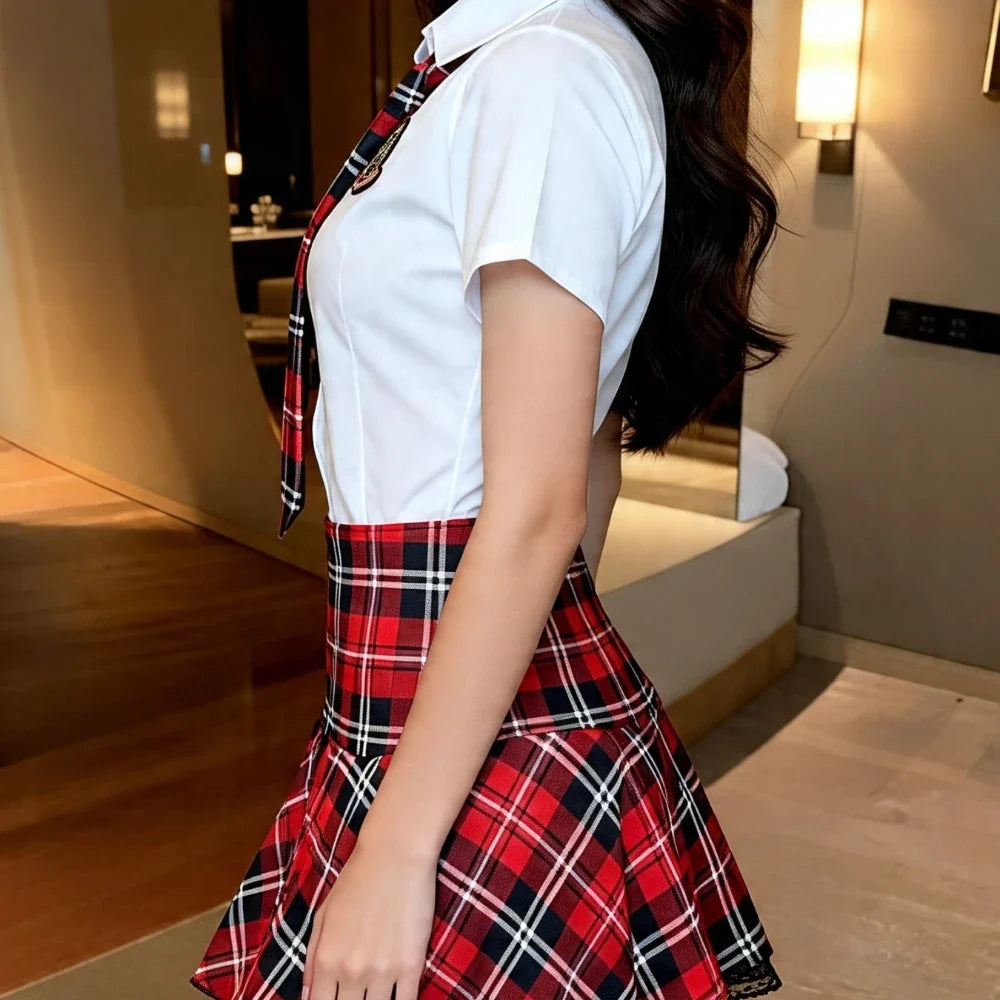 Preppy Red Plaid Pleated Skirt Fitted White Shirt Necktie Badge Student Cosplay Costume