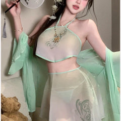 Lingerie Antique Style High Slit Hanfu Soft Bellyband See-through Outer Set