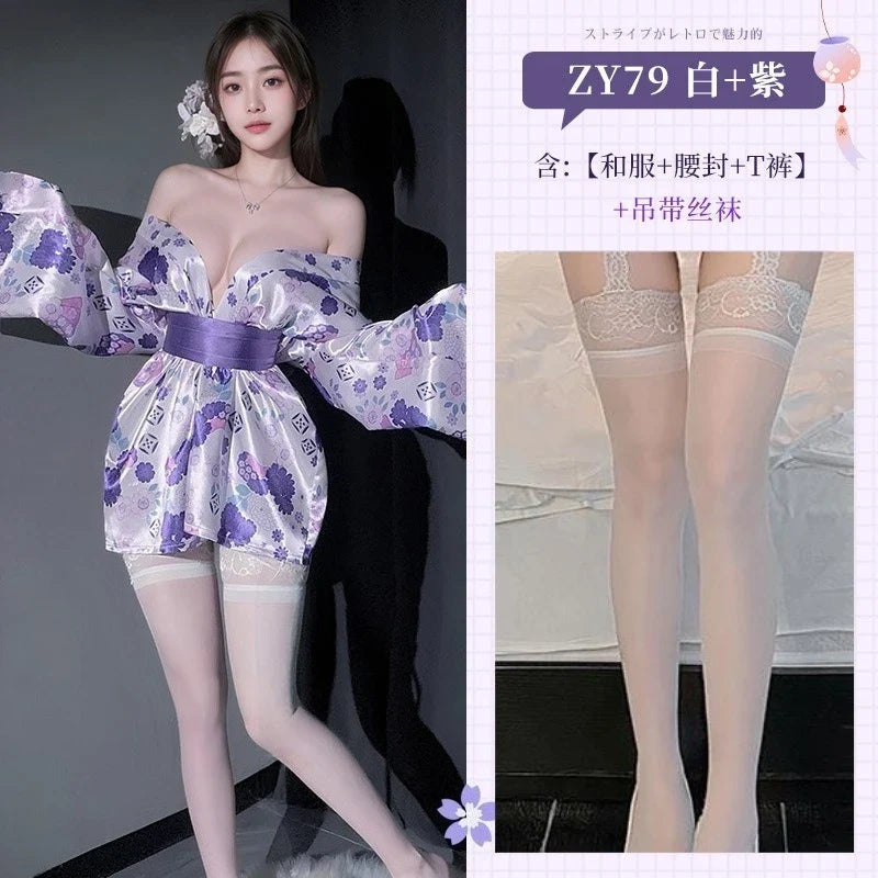 Kimono Cosplay Outfit Traditional Style Robe Yukata Sakura Costumes Pajamas Bathrobe Belt Lingerie Nightgown